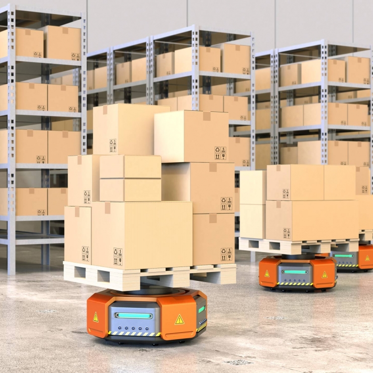 Robots carrying boxes in warehouse